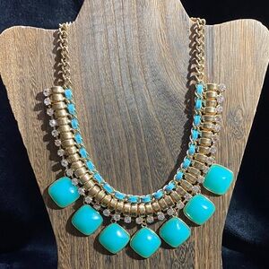 Elegant Gold Tone and Turquoise Necklace with Sparkly Crystals